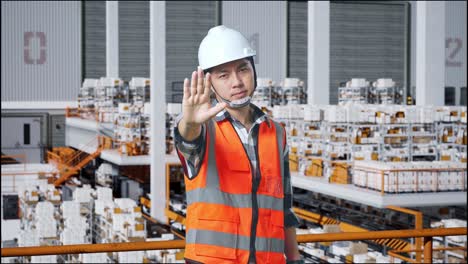 trabajador de la fábrica dando señal de parada