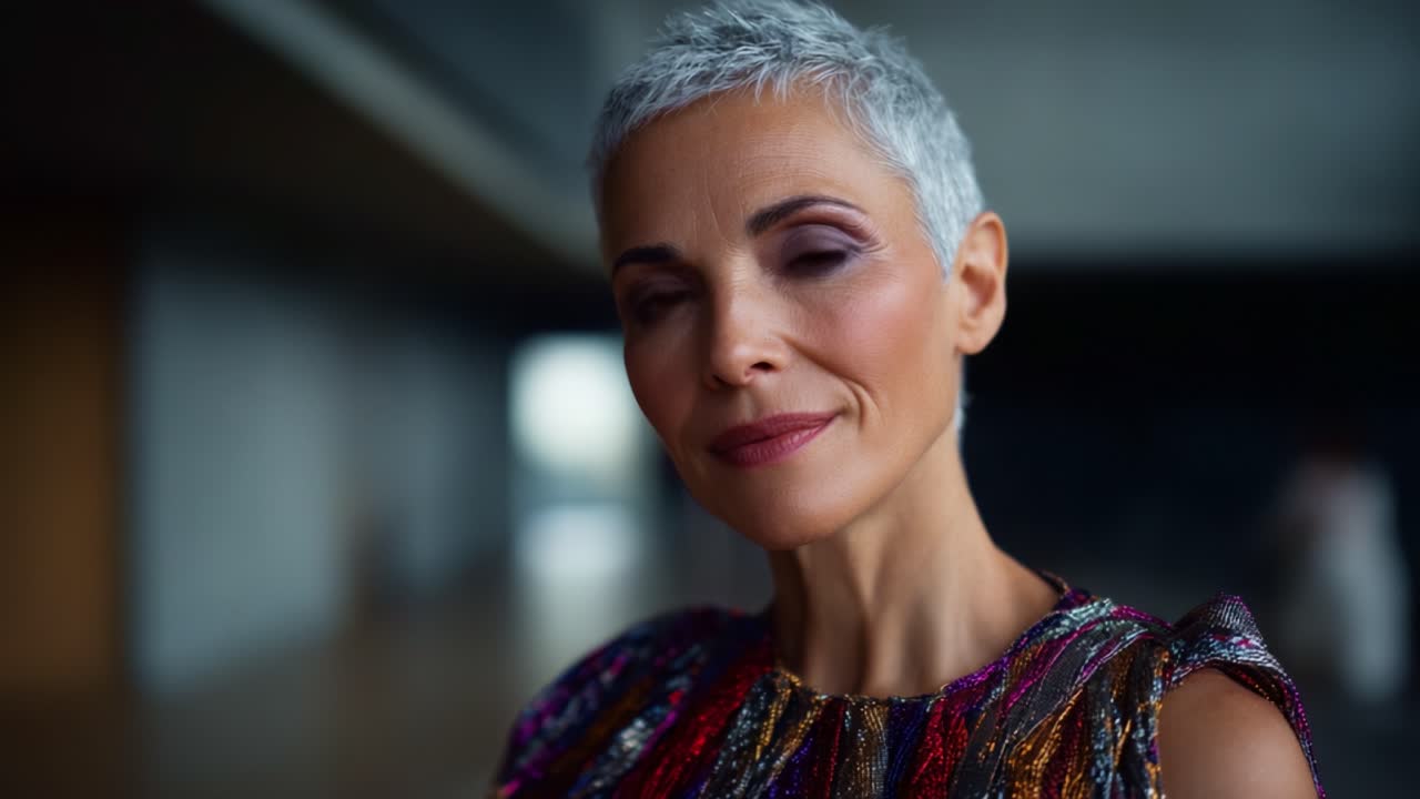 Donna sicura di sé con capelli corti color argento e uno spiccato senso della moda che posa con eleganza in un interno moderno, mettendo in mostra raffinatezza e fascino con un sorriso caloroso