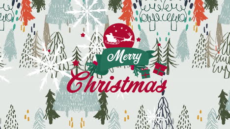 animation of snowflakes, merry christmas text, decorated tree, santa with sleigh, drawing of trees