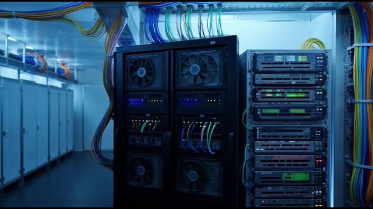 Modern Server Room with Rows of Network Equipment and Cables