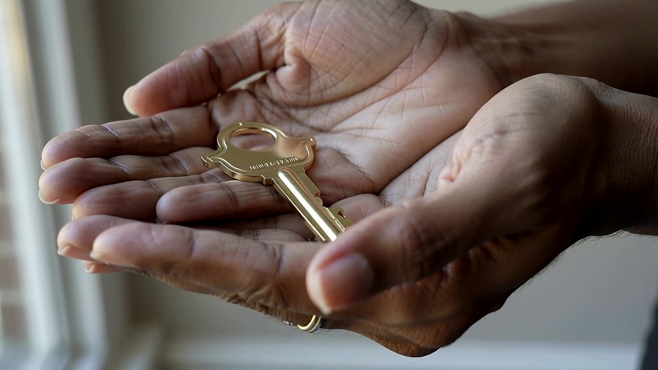 Opening shot showing cupped hands holding and inspecting gold key near window, band ring visible