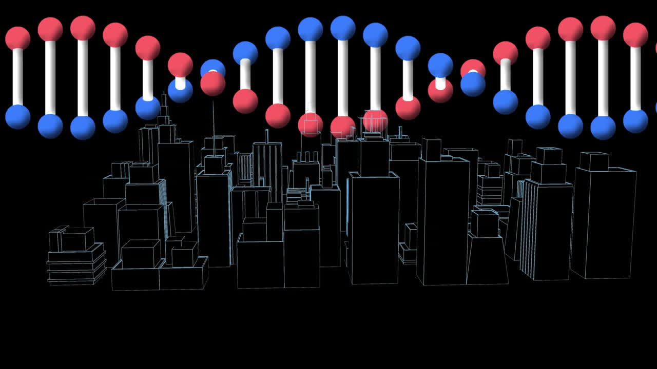 3d 도시 풍경 그림 위에 회전하는 dna 가닥의 애니메이션