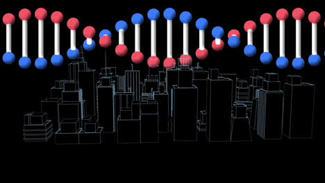 animación de una cadena de adn giratoria sobre un dibujo tridimensional del paisaje urbano