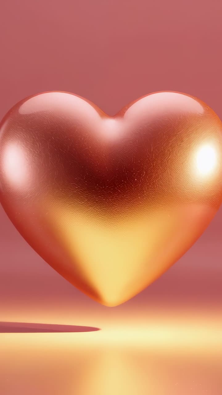 Video verticale: cuore color oro rosa sospeso che si abbassa su un set lucido, creando un bagliore dorato