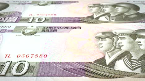 billetes de diez won de corea del norte rodando, dinero en efectivo, bucle