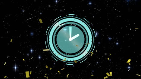 animation of clock with gold confetti falling and stars on night sky background