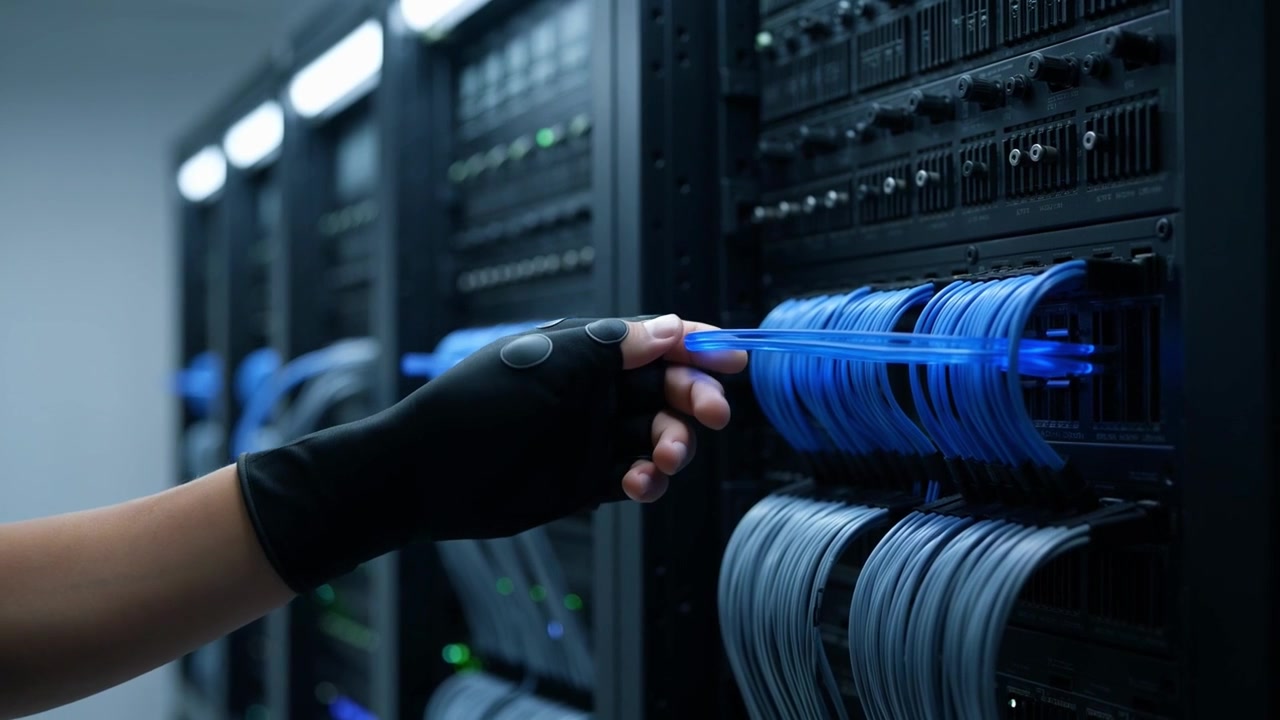 Gloved Hand Touching Glowing Blue Cables in a Server Room