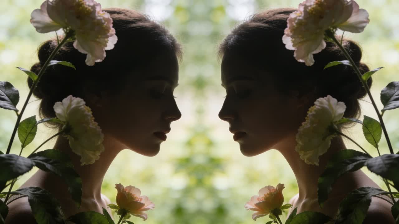 Sich verschiebende gespiegelte Frauenprofile, die im Garten das Kinn neigen, während eine leichte Brise Stängel für ein Porträt bewegt.