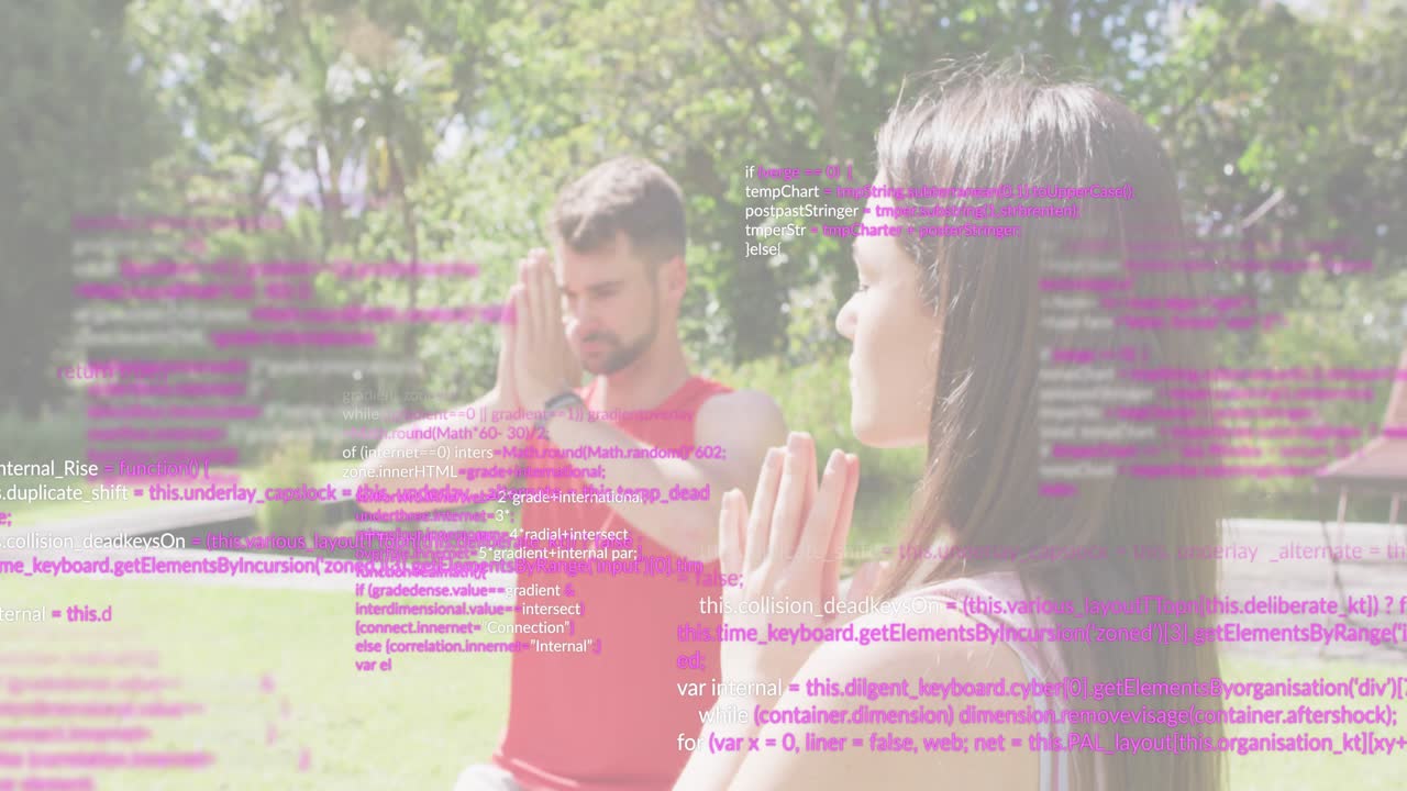 Woman raising arms and centering breath in backyard while partner stepping in mirroring yoga pose