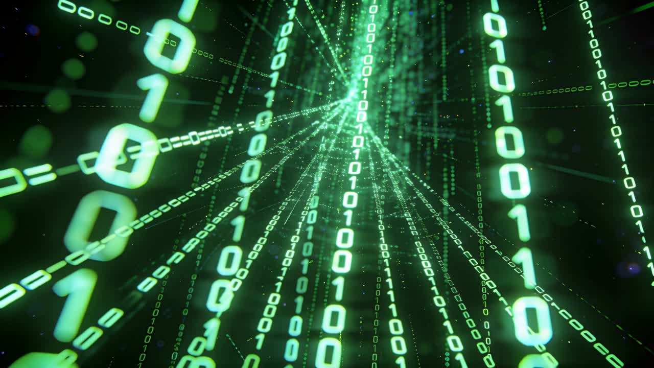 Binary columns streaming toward central node after incoming packet, showing technology data flow