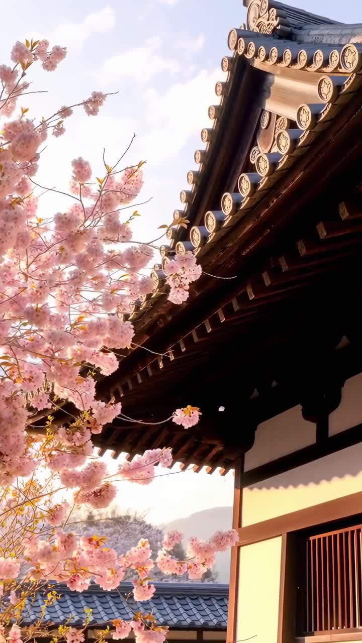 Una serena scena video di un tetto tradizionale e fiori di ciliegio, ripresa da una bassa angolazione