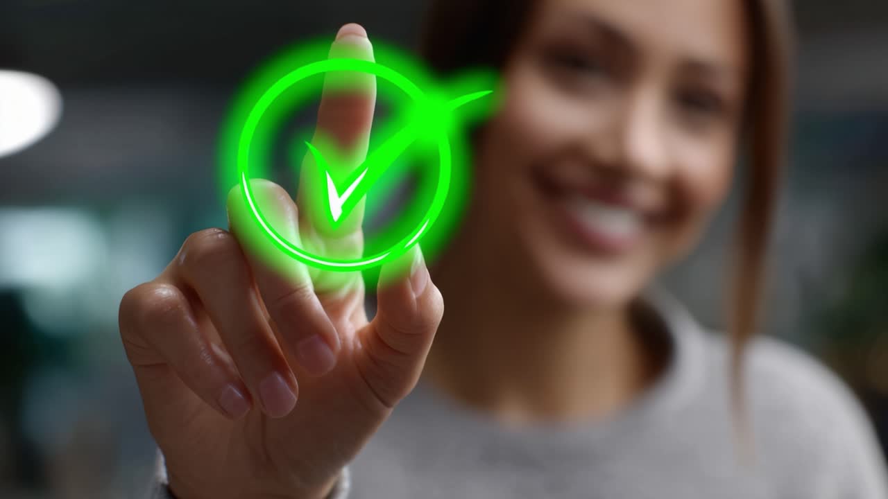Una donna interagisce con un'interfaccia digitale, contrassegnando con sicurezza un'attività come completata con un simbolo di spunta verde luminoso che incarna produttività e realizzazione.