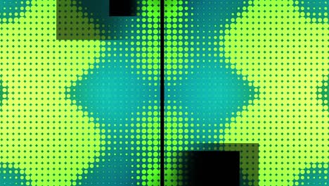 Animation-of-split-screen-with-grey-squares-and-green-pixels-changing-size-on-blue-background