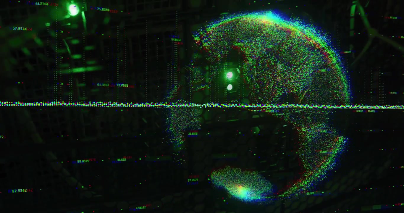 Linha de varredura horizontal movendo-se através de uma malha gerando uma esfera de nuvem de pontos que se dissolve, visualizando a varredura.