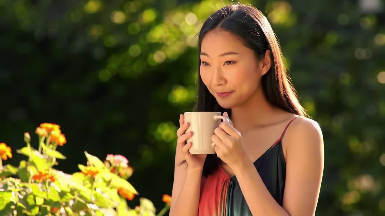 A Beautiful Woman Enjoying a Warm Beverage in a Sunlit Garden, Surrounded by Vibrant Flowers and Lush Greenery, Capturing a Moment of Serenity and Contentment