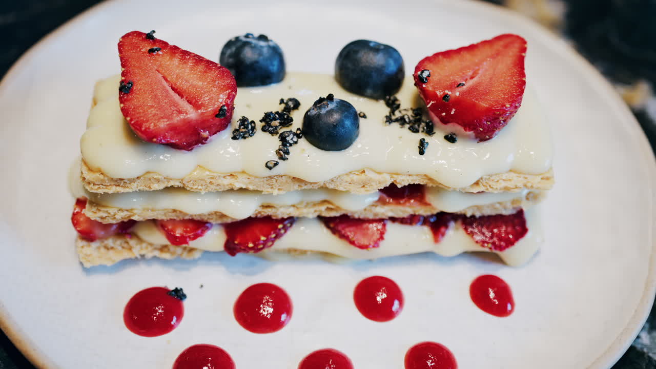 Close up of a Napoleon cake with strawberries and blueberries on a white plate at a cafe
