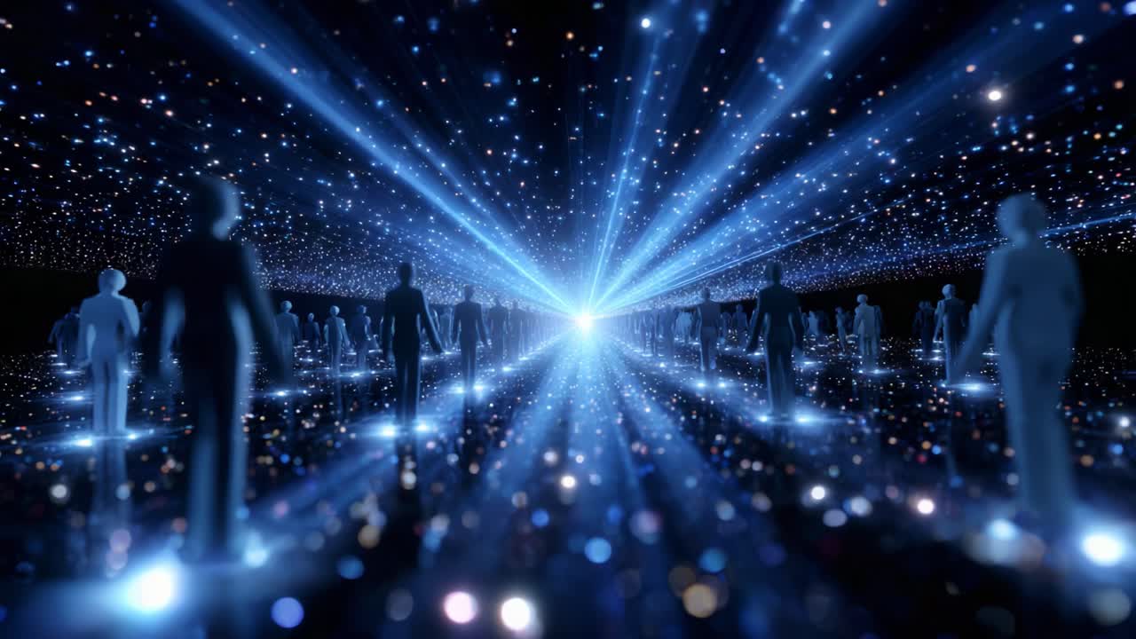 A mesmerizing visual journey through a glowing starry expanse where silhouettes of figures are illuminated by radiant beams of light, creating a stunningly surreal atmosphere that captivates the viewer's imagination