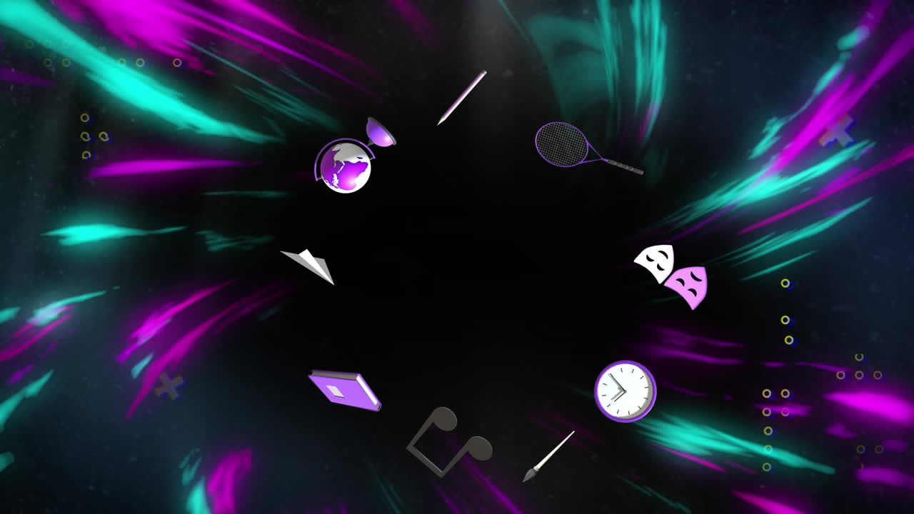 animación de iconos educativos con espacio de copia sobre senderos de luz en fondo negro