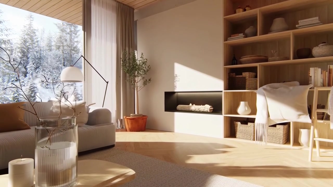 Světlý moderní obývací pokoj s panoramatickým výhledem na zasněžený les