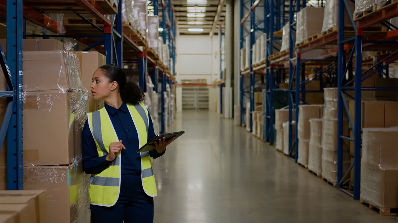 Female warehouse worker using a digital tablet for inventory management
