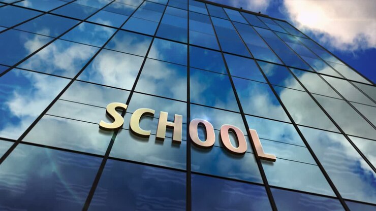 School glass skyscraper with mirrored sky loop animation