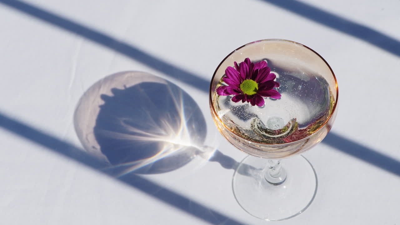 Martini in a cocktail glass at a luxury, elegant picnic table in the sunshine on a summer day - close up