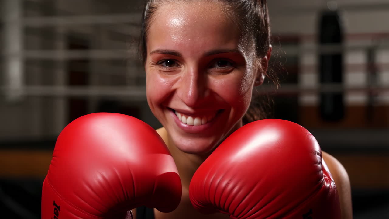 Smiling female boxer in red gloves
