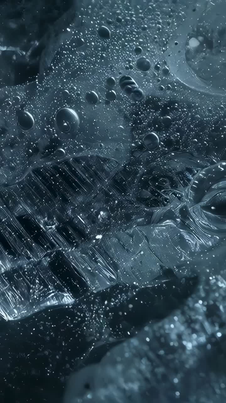 Vertical video: Tilting camera revealing macro crystal glinting, bubbles rising into right cavity