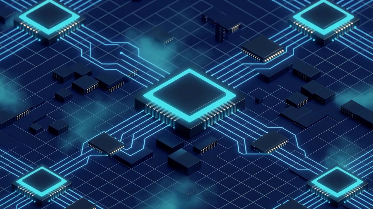 Digital Circuit Board with Glowing Blue Processor and Data Flow