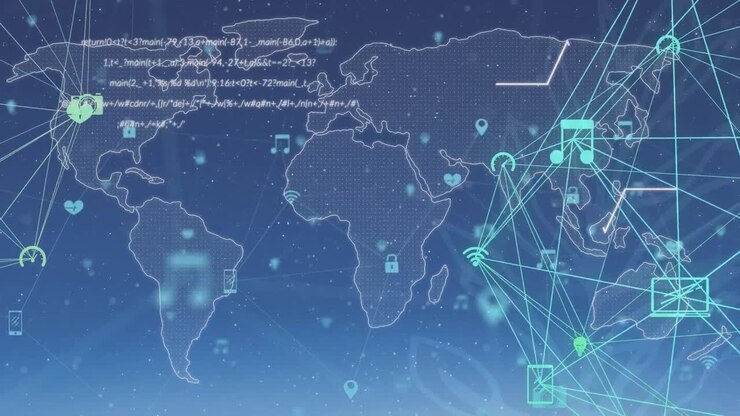 Animation of data processing and network of connections over world map