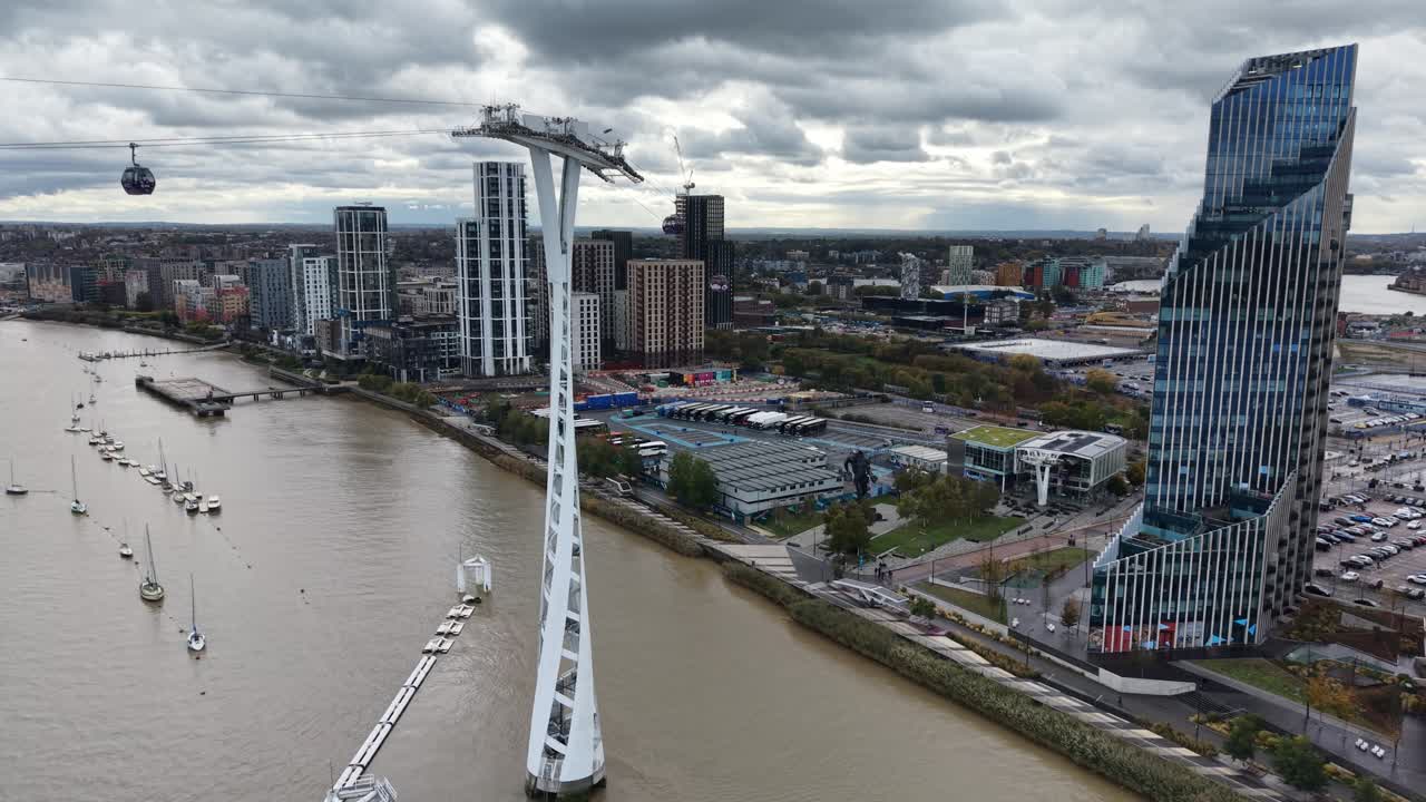 London IFS Cloud Cable Car Greenwich over River Thames UK aerial 4K view