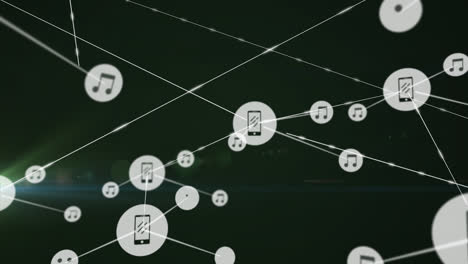 animation of network of connections with icons over light spots on black background