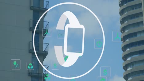 animación de relojes inteligentes e iconos digitales sobre el paisaje urbano