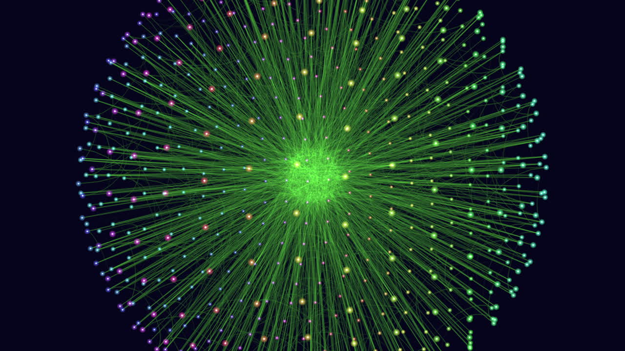 encantadora red verde líneas brillantes y puntos iluminan un sistema de cuadrícula