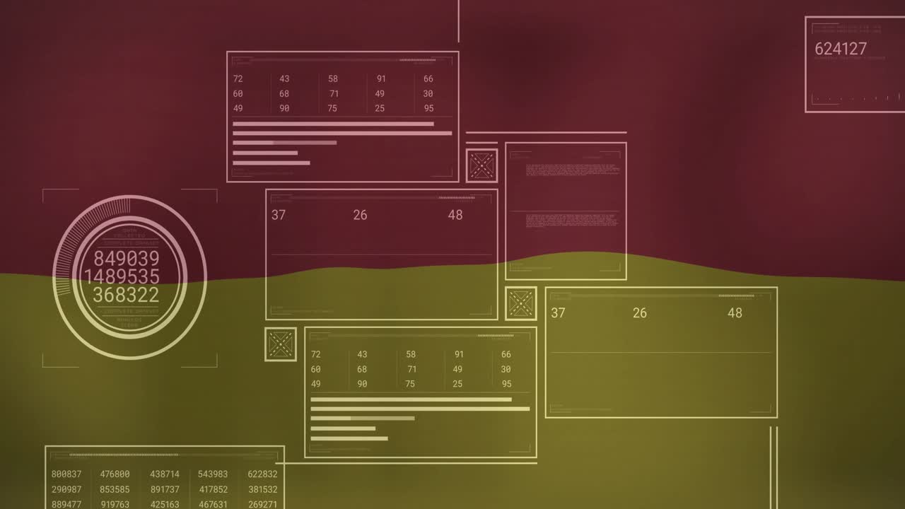 Animated interface showing data panels with tables and charts floating over maroon wavy backdrop