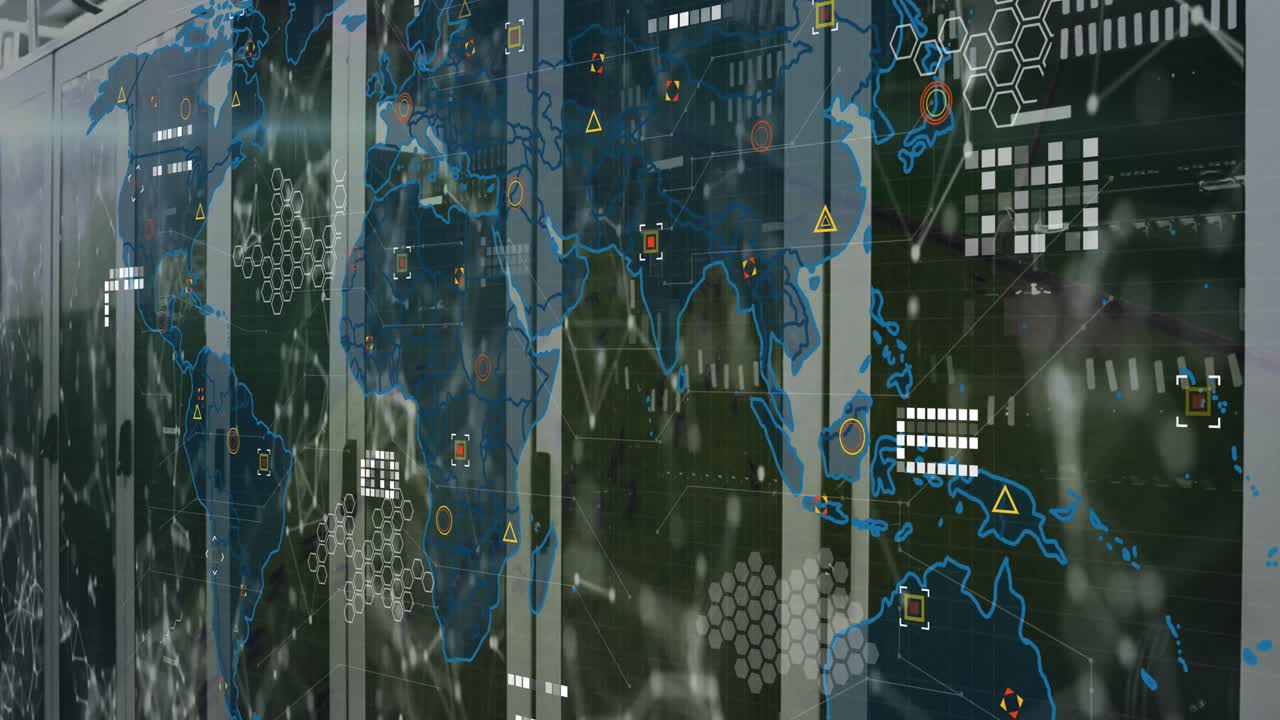Animation of world map, data processing and network of connections against server room