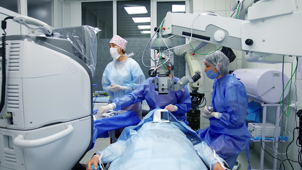 Operating room during ophthalmic surgery. Doctors performing eye surgery in modern clinic