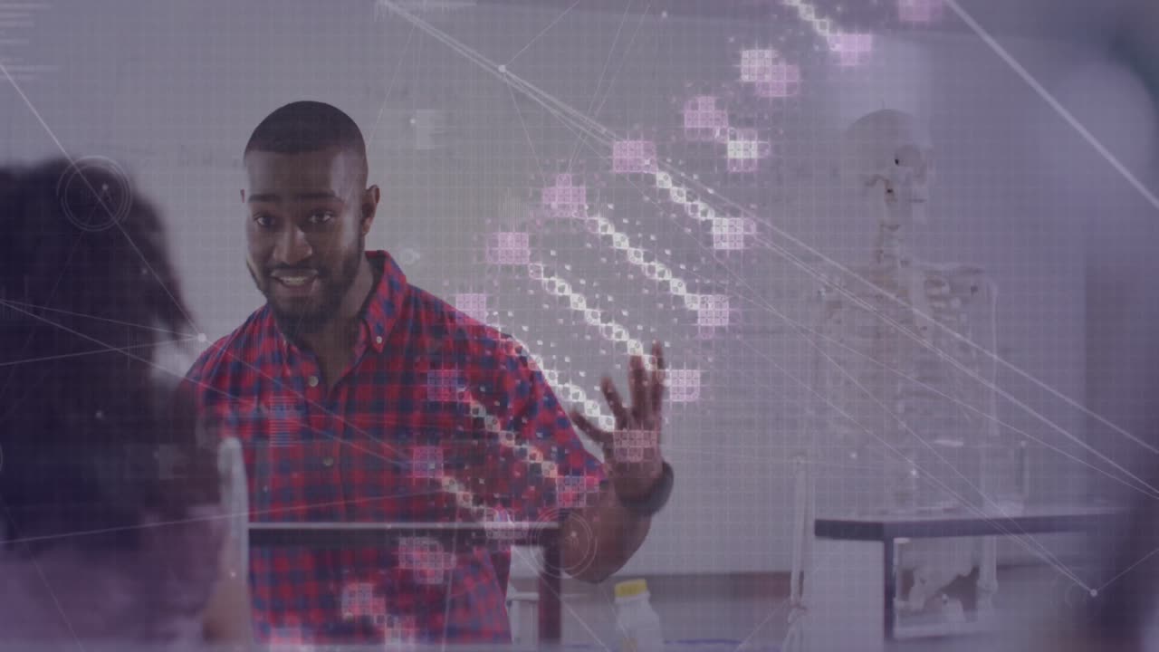 Animation of dna strand and data over african american male teacher addressing pupils in class