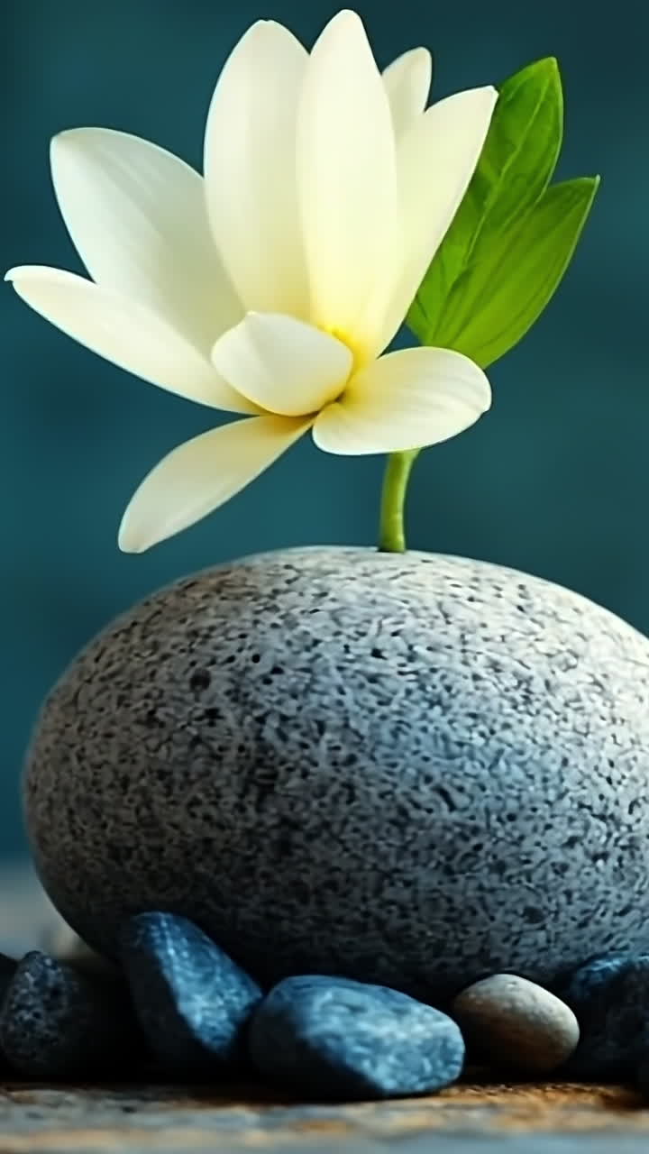 Flower blooming from a stone on a table. A delicate white flower emerges from a smooth stone, surrounded by small pebbles on a textured table surface.