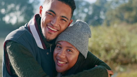 Happy-couple,-face-and-love-hug-in-nature