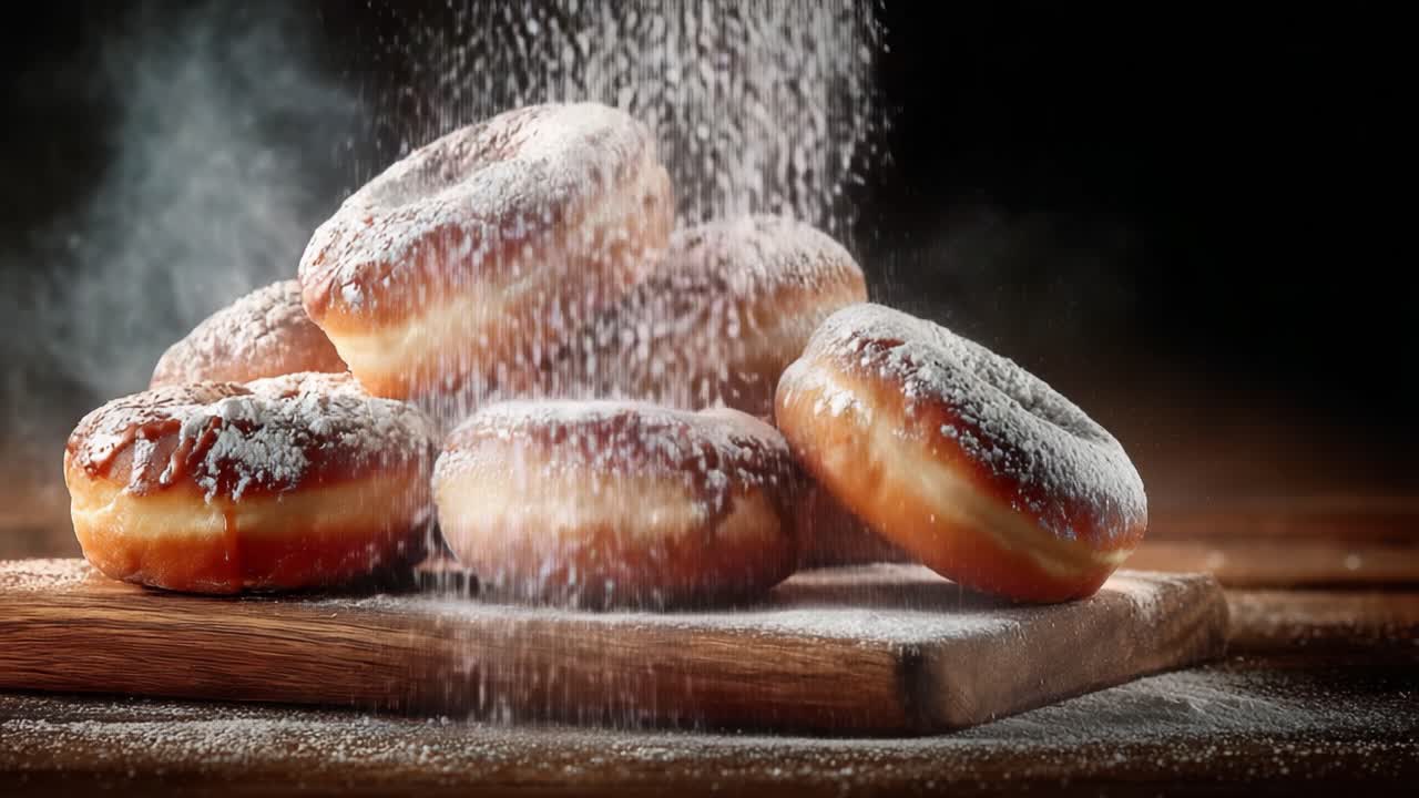 Ein köstlicher Stapel frisch gebackener Donuts, bestreut mit Puderzucker, in zwei Aufnahmen festgehalten, um ihren unwiderstehlichen Reiz und ihre verlockende Textur zu zeigen.