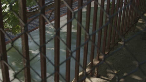 subway train passes on close track from above viewed through a fence on a partly sunny afternoon in brooklyn, new york