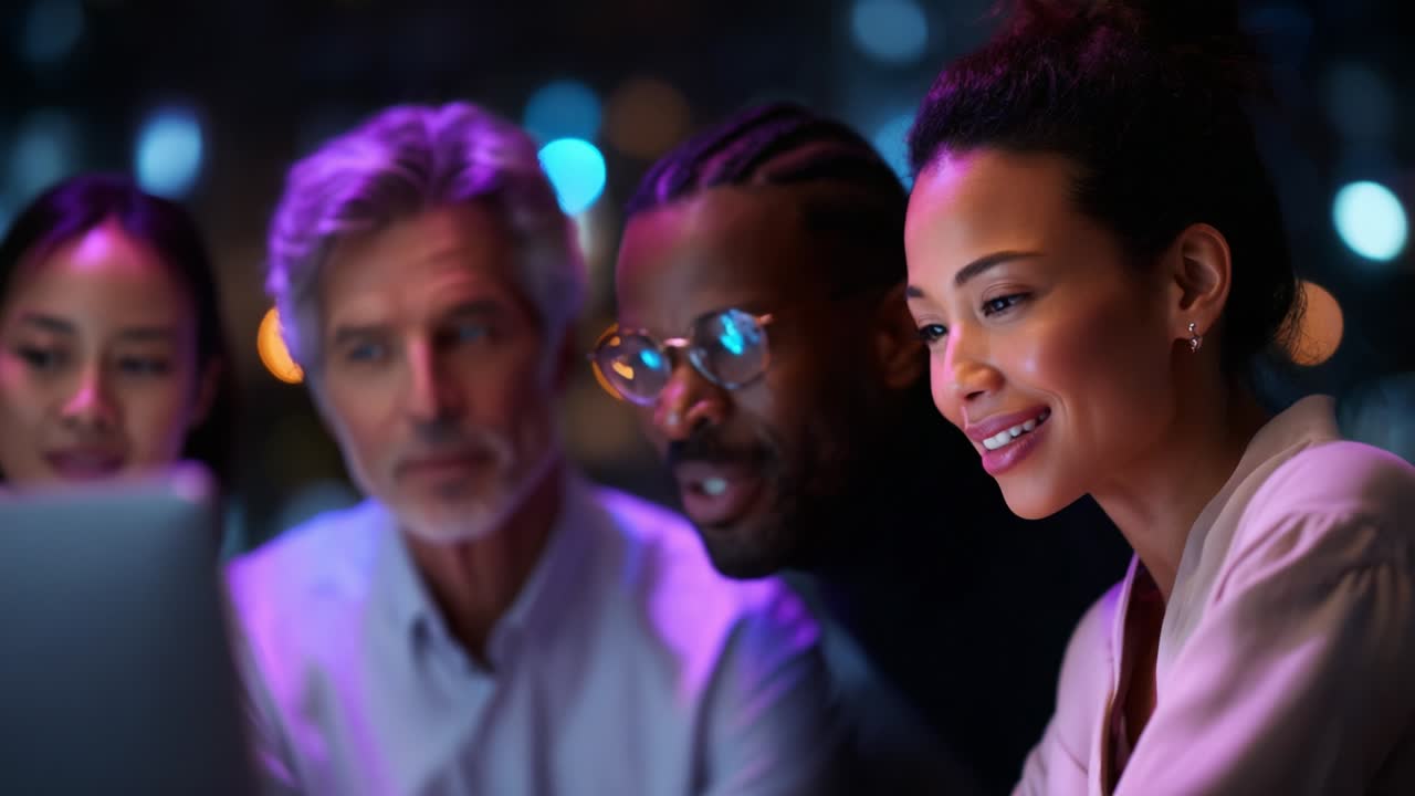 Vivace discussione tra quattro persone diverse che collaborano su un laptop in un ambiente poco illuminato, a testimonianza di innovazione e lavoro di squadra, che evidenzia interesse e scambio di idee