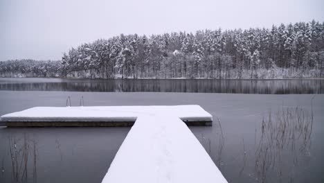 Una-Toma-De-Un-Muelle-Cubierto-De-Nieve-Con-Un-Pasamanos-Metálico-Y-Un-Lago-Congelado-Rodeado-De-Un-Bosque-De-Pinos-En-Invierno-Frío