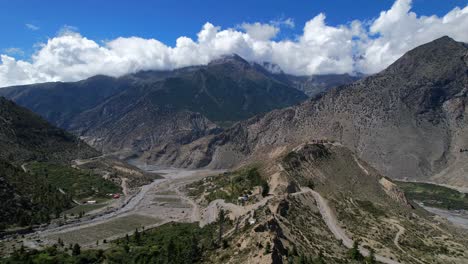 Himalaya-Mountains-Valley-Landscape-in-Mustang-District-Near-Jomsom,-Nepal---Aerial-Parallax