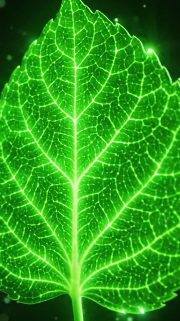 Un primo piano mozzafiato di una foglia verde brillante, che ne evidenzia le venature intricate e la texture unica, su uno sfondo scuro e misterioso, rivelando la bellezza della natura.