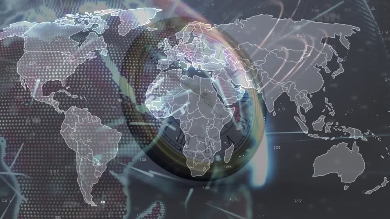 анимация карты мира над движущимися часами на белом фоне