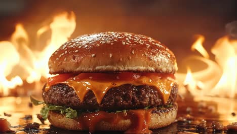 a burger with a lot of cheese and tomato on it. the burger is on a plate with a fire in the background