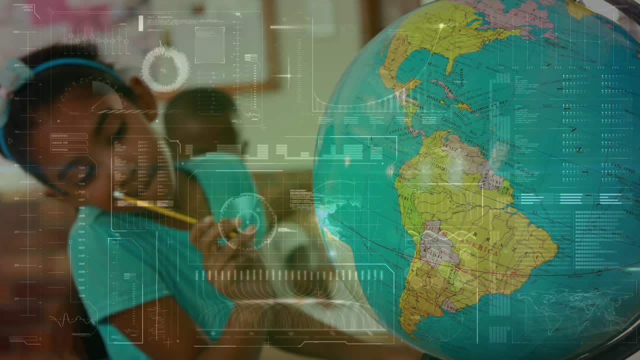Animation of data processing over schoolgirl looking at globe in class