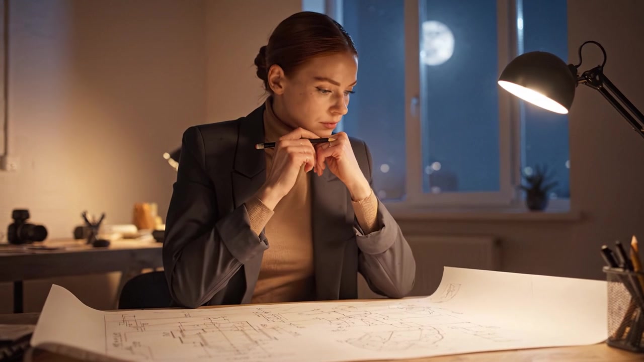 A focused woman diligently sketches detailed blueprints in a dimly lit room, illuminated by a desk lamp, while a full moon shines through the window.